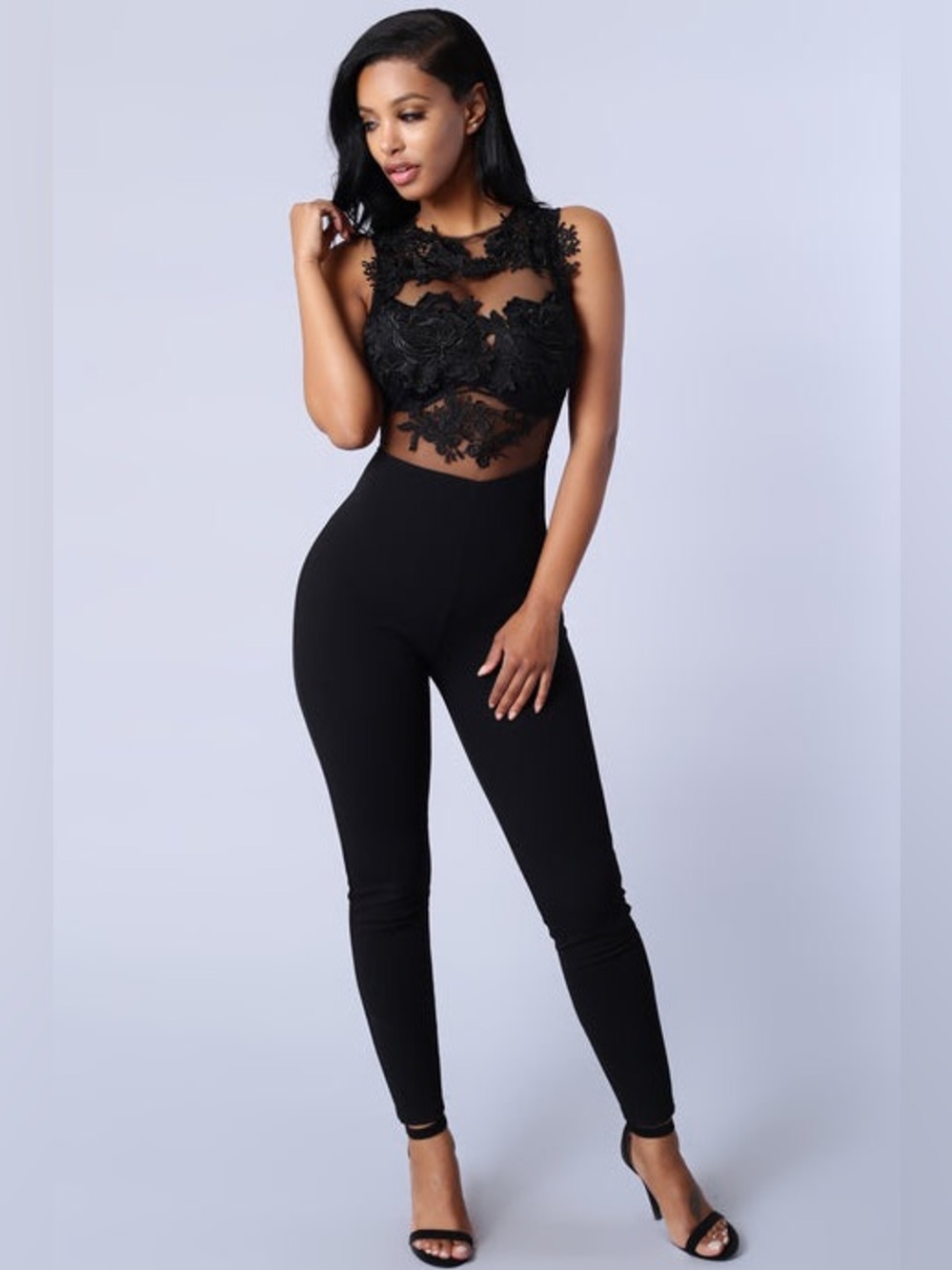 IRIS | Black Sheer Lace Embroidered Sleeveless Jumpsuit Sz M